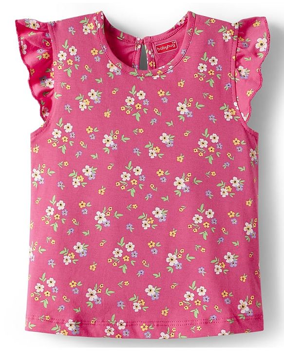 Babyhug 100% Cotton Knit Frill Sleeves Top with Floral Print - Pink