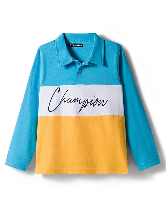 Pine Kids Cotton Knit Full Sleeves Polo Neck T-Shirt With Champion Text Print - Yellow & Light Blue
