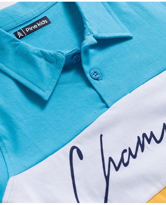 Pine Kids Cotton Knit Full Sleeves Polo Neck T-Shirt With Champion Text Print - Yellow & Light Blue
