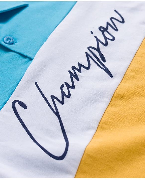 Pine Kids Cotton Knit Full Sleeves Polo Neck T-Shirt With Champion Text Print - Yellow & Light Blue