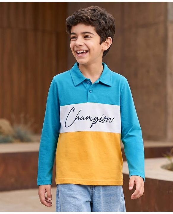 Pine Kids Cotton Knit Full Sleeves Polo Neck T-Shirt With Champion Text Print - Yellow & Light Blue