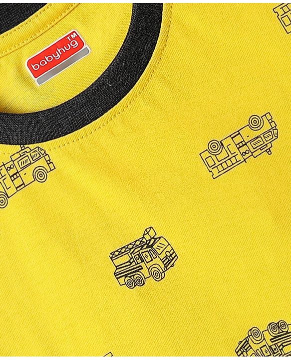 Babyhug Single Jersey Knit Half Sleeves T-Shirt & Shorts Set With Vehicle Print - Yellow & Black