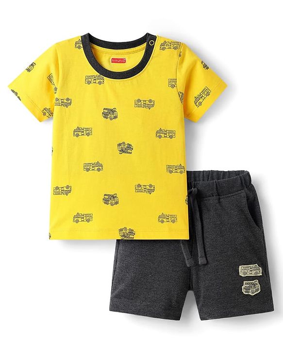 Babyhug Single Jersey Knit Half Sleeves T-Shirt & Shorts Set With Vehicle Print - Yellow & Black