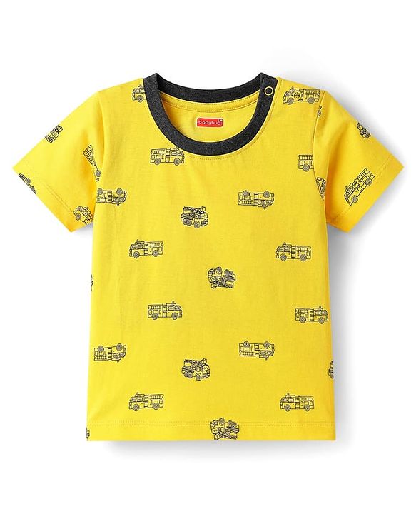 Babyhug Single Jersey Knit Half Sleeves T-Shirt & Shorts Set With Vehicle Print - Yellow & Black