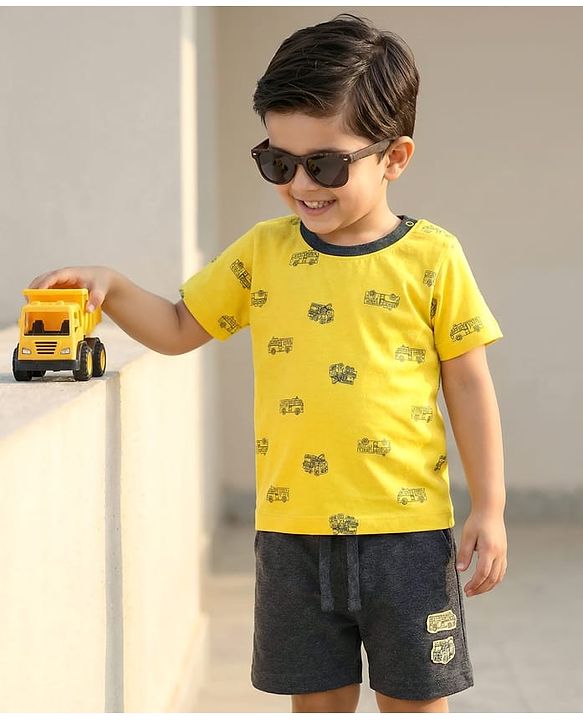 Babyhug Single Jersey Knit Half Sleeves T-Shirt & Shorts Set With Vehicle Print - Yellow & Black