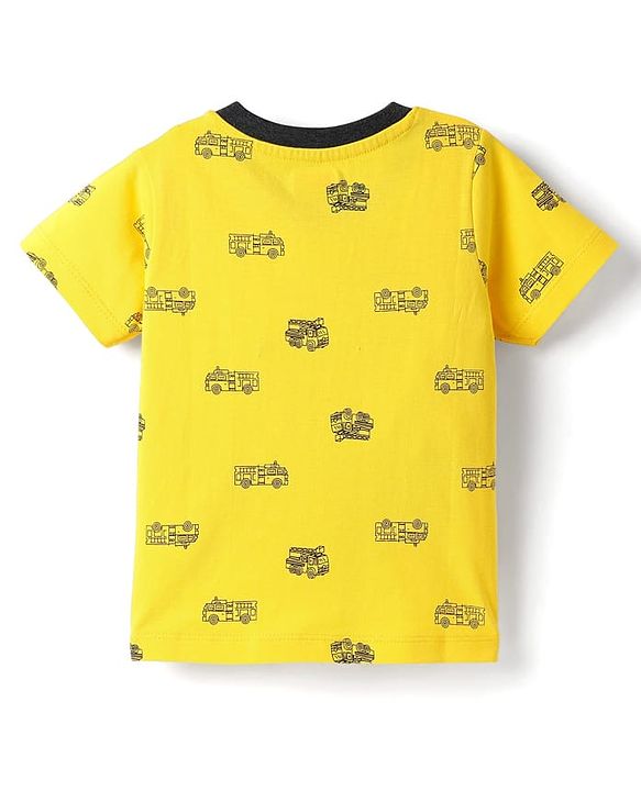 Babyhug Single Jersey Knit Half Sleeves T-Shirt & Shorts Set With Vehicle Print - Yellow & Black