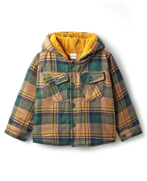 Babyhug Knit Full Sleeves Checks Hooded Winter Jacket - Multicolor