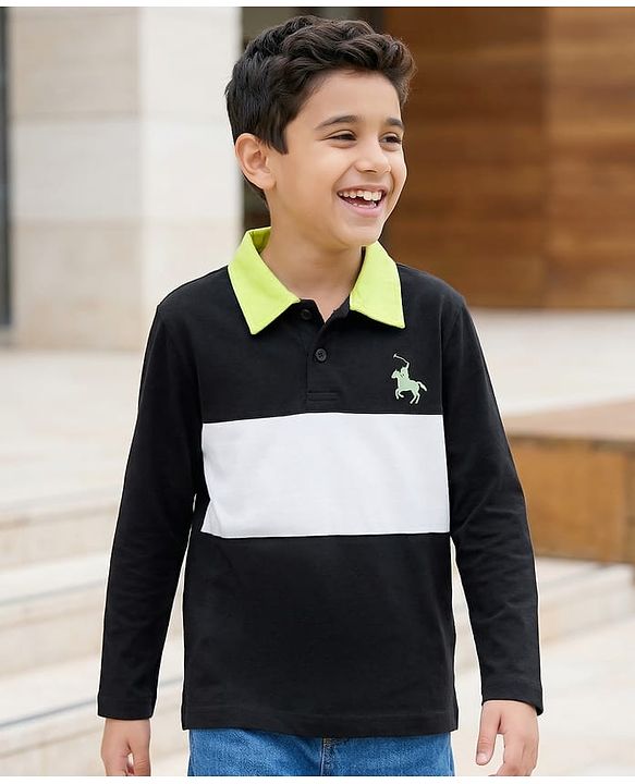 Pine Kids Cotton Knit Full Sleeves Polo Neck T-Shirt With Cut & Sew Design - Black
