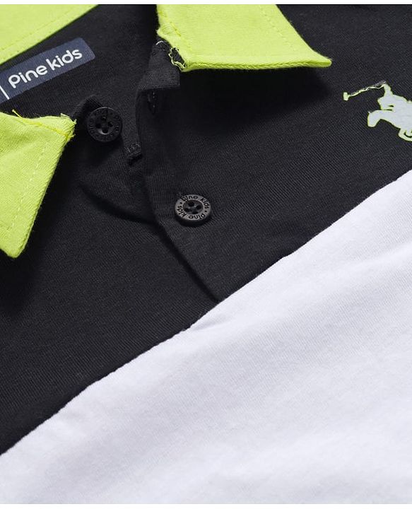 Pine Kids Cotton Knit Full Sleeves Polo Neck T-Shirt With Cut & Sew Design - Black