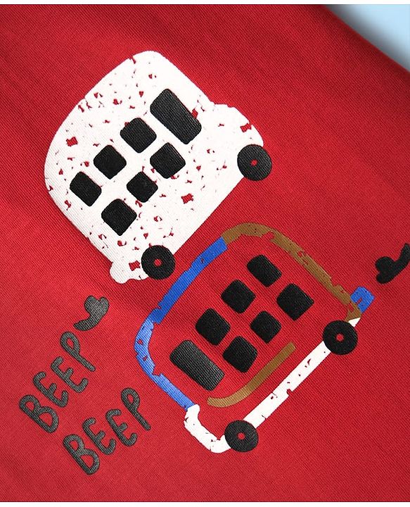 Babyhug 100% Cotton Single Jersey Knit Half Sleeves T-Shirt & Shorts Set with Bus Print - Red & White