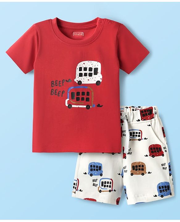 Babyhug 100% Cotton Single Jersey Knit Half Sleeves T-Shirt & Shorts Set with Bus Print - Red & White