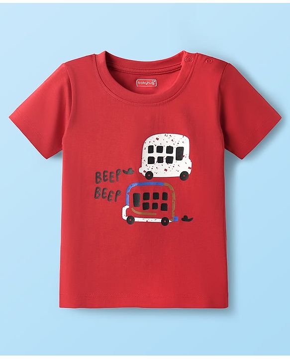 Babyhug 100% Cotton Single Jersey Knit Half Sleeves T-Shirt & Shorts Set with Bus Print - Red & White