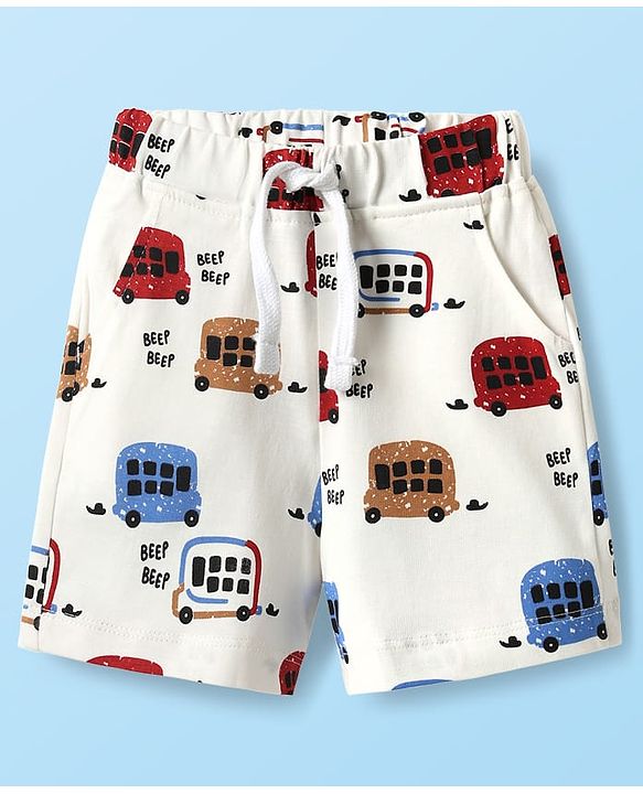 Babyhug 100% Cotton Single Jersey Knit Half Sleeves T-Shirt & Shorts Set with Bus Print - Red & White