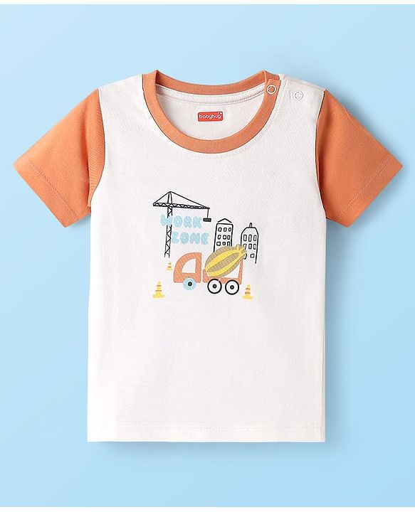 Babyhug Single Jersey Knit Half Sleeves T-Shirt & Shorts Set with Construction Print - White
