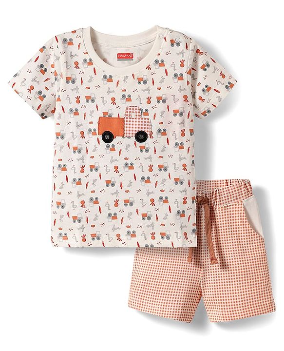Babyhug Single Jersey Knit Half Sleeves T-Shirt & Short Set With Vehicle Print - White