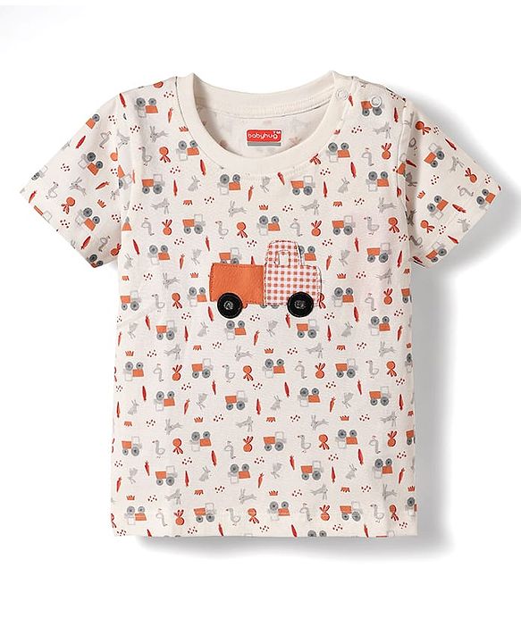 Babyhug Single Jersey Knit Half Sleeves T-Shirt & Short Set With Vehicle Print - White
