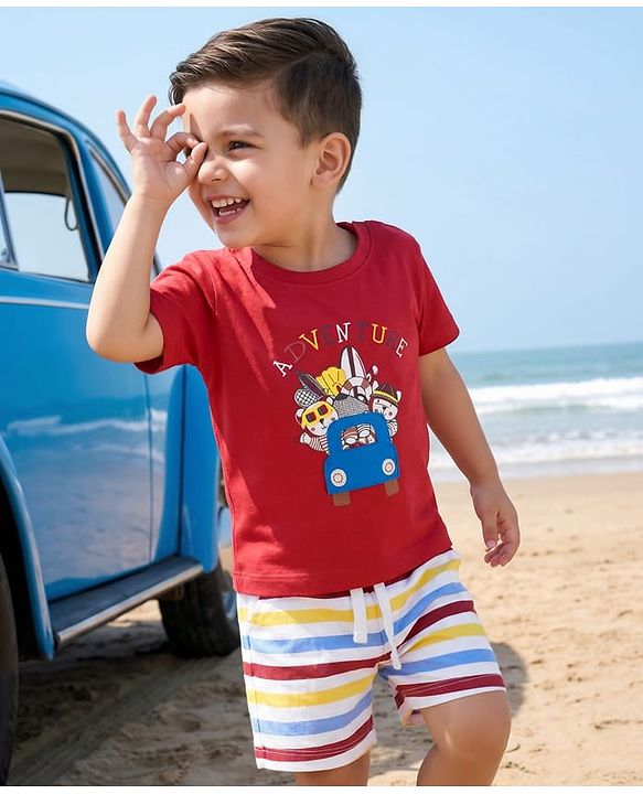 Babyhug Single Jersey Knit Half Sleeves T-Shirt & Striped Shorts Set with Animal Print & Patch Detailing - White & Red