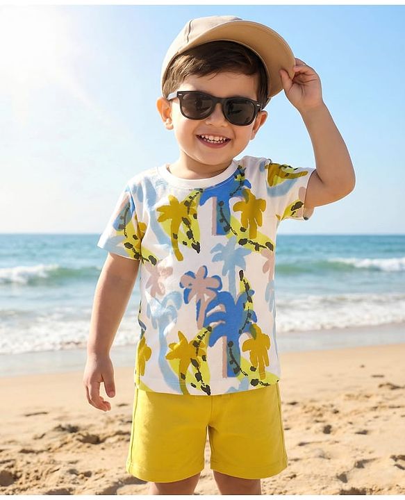 Babyhug Single Jersey Knit Half Sleeves T-Shirt & Shorts Set with Palm Tree Print - White & Green
