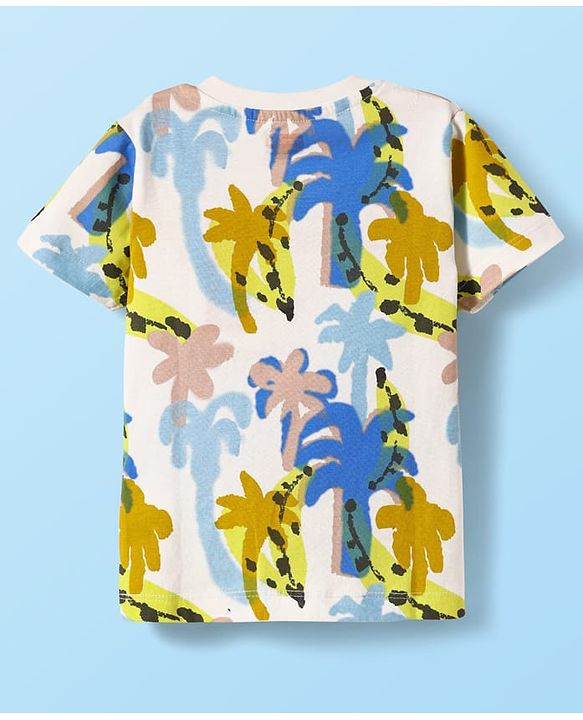 Babyhug Single Jersey Knit Half Sleeves T-Shirt & Shorts Set with Palm Tree Print - White & Green