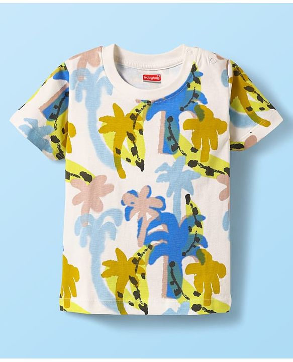 Babyhug Single Jersey Knit Half Sleeves T-Shirt & Shorts Set with Palm Tree Print - White & Green