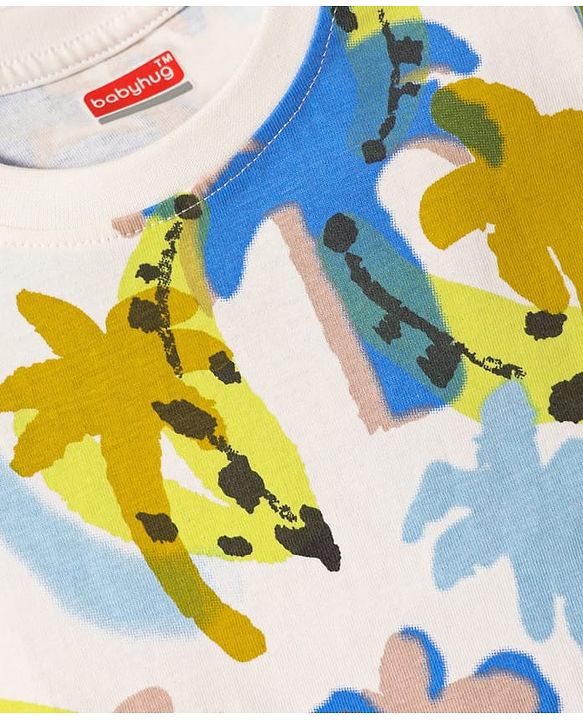Babyhug Single Jersey Knit Half Sleeves T-Shirt & Shorts Set with Palm Tree Print - White & Green