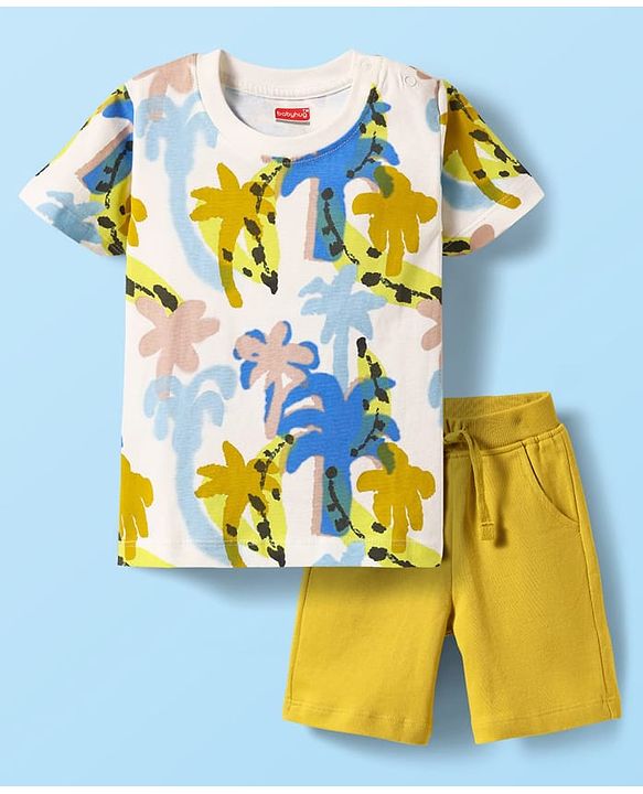 Babyhug Single Jersey Knit Half Sleeves T-Shirt & Shorts Set with Palm Tree Print - White & Green