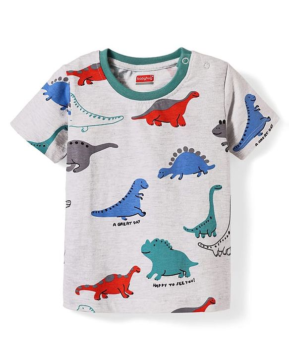 Babyhug Single Jersey Knit Half Sleeves T-Shirt & Shorts With Dino Print - Grey