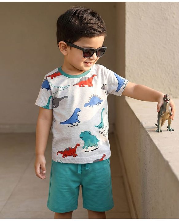 Babyhug Single Jersey Knit Half Sleeves T-Shirt & Shorts With Dino Print - Grey