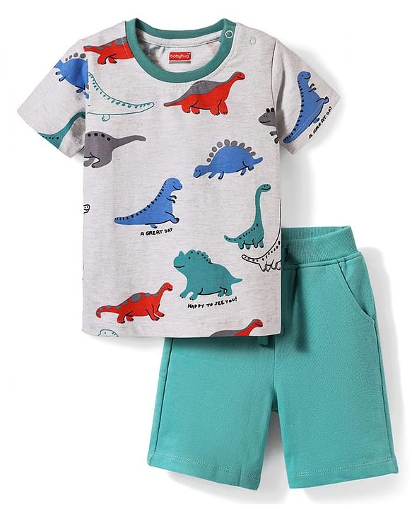 Babyhug Single Jersey Knit Half Sleeves T-Shirt & Shorts With Dino Print - Grey
