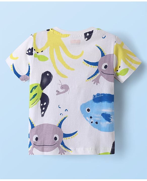 Babyhug Single Jersey Knit Half Sleeves T-Shirt & Shorts Set with Sea Life Print - White & Blue
