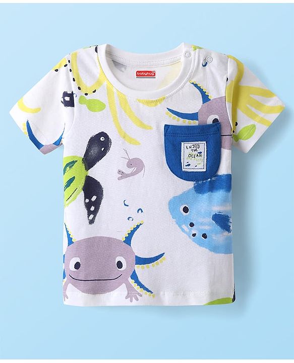 Babyhug Single Jersey Knit Half Sleeves T-Shirt & Shorts Set with Sea Life Print - White & Blue