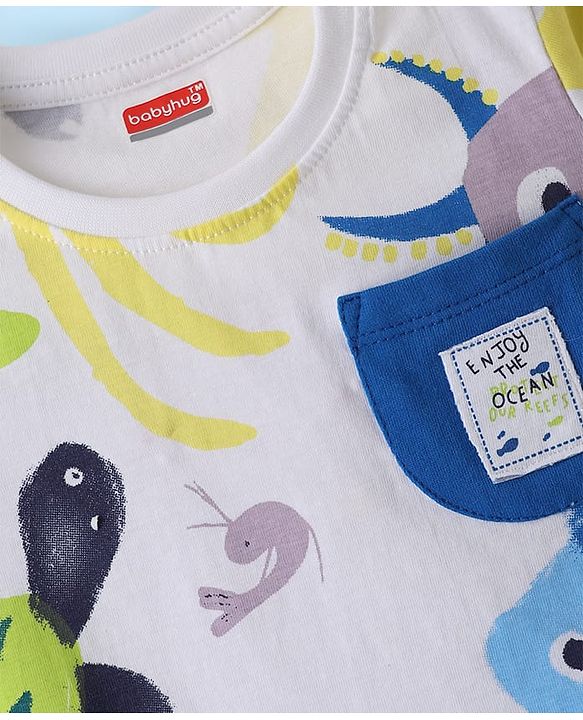 Babyhug Single Jersey Knit Half Sleeves T-Shirt & Shorts Set with Sea Life Print - White & Blue
