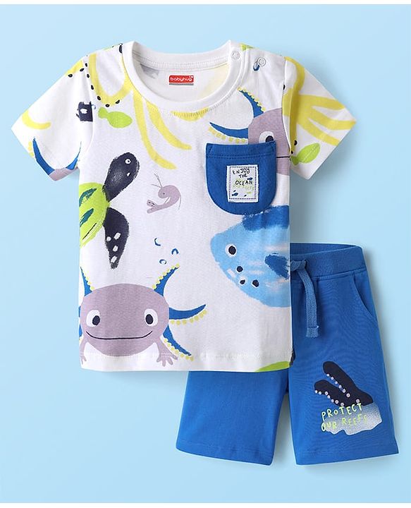 Babyhug Single Jersey Knit Half Sleeves T-Shirt & Shorts Set with Sea Life Print - White & Blue
