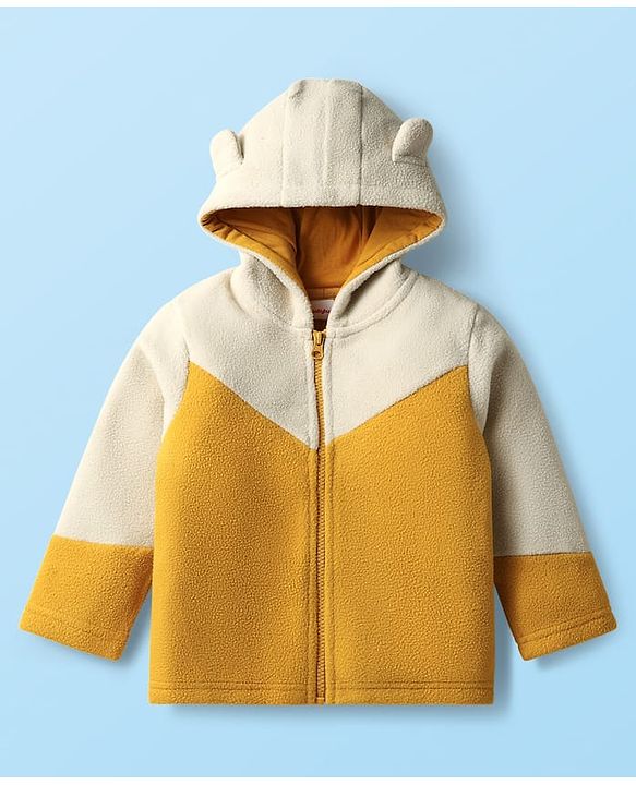 Babyhug Fur Knit Full Sleeves Front Open Hooded Jacket & Pant Winter Wear Suit Set with Cut & Sew Design - Yellow & White