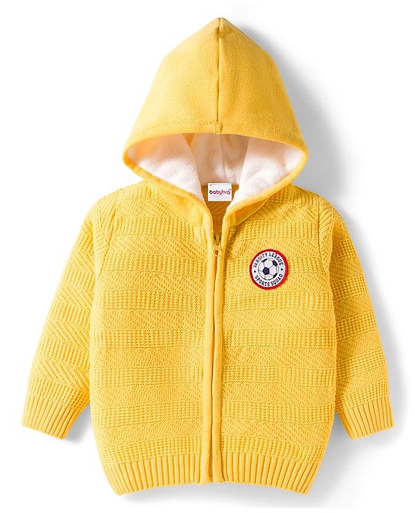 Babyhug Knit Full Sleeves Front Open Hooded Sweater with Football Patch - Yellow