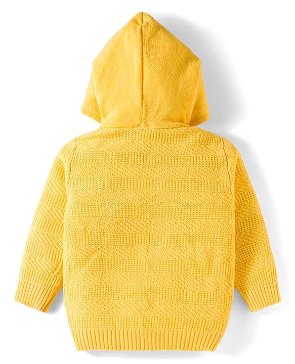Babyhug Knit Full Sleeves Front Open Hooded Sweater with Football Patch - Yellow