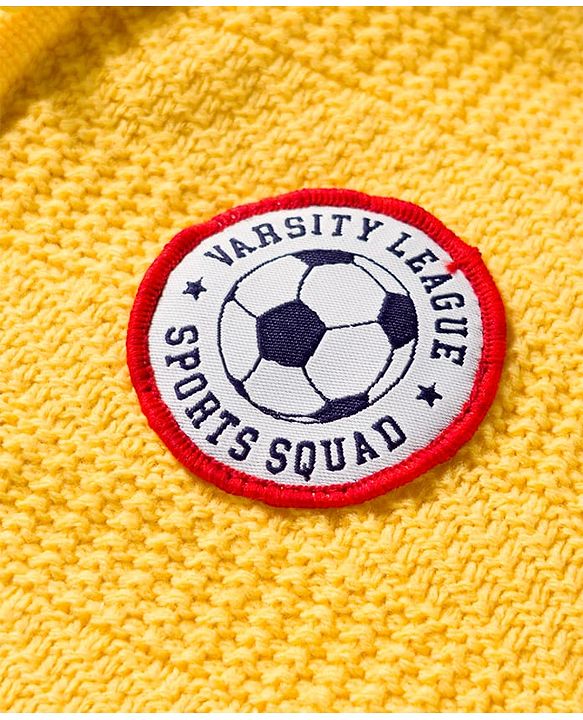 Babyhug Knit Full Sleeves Front Open Hooded Sweater with Football Patch - Yellow