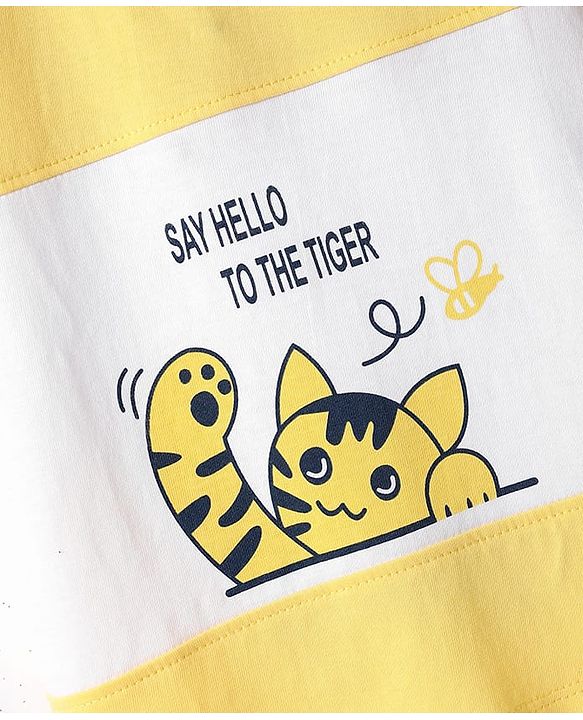Babyhug Single Jersey Knit Half Sleeves T-Shirt & Shorts Set With Cat Print & Cut & Sew Design - Yellow & Blue