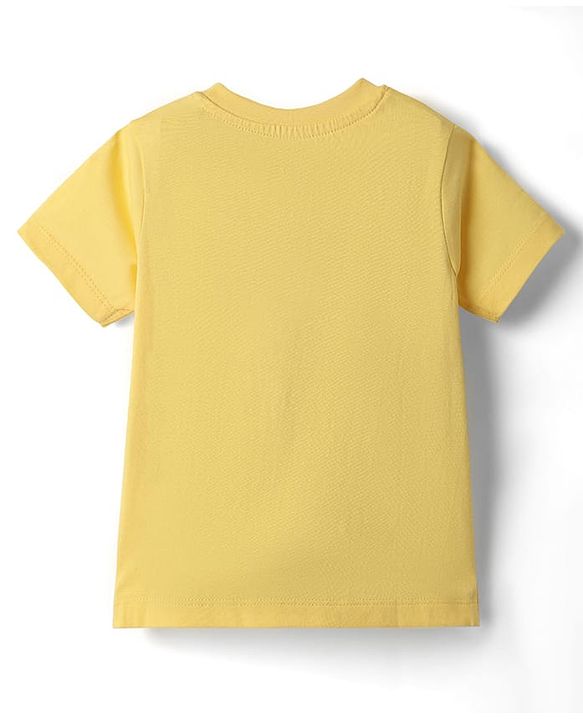 Babyhug Single Jersey Knit Half Sleeves T-Shirt & Shorts Set With Cat Print & Cut & Sew Design - Yellow & Blue