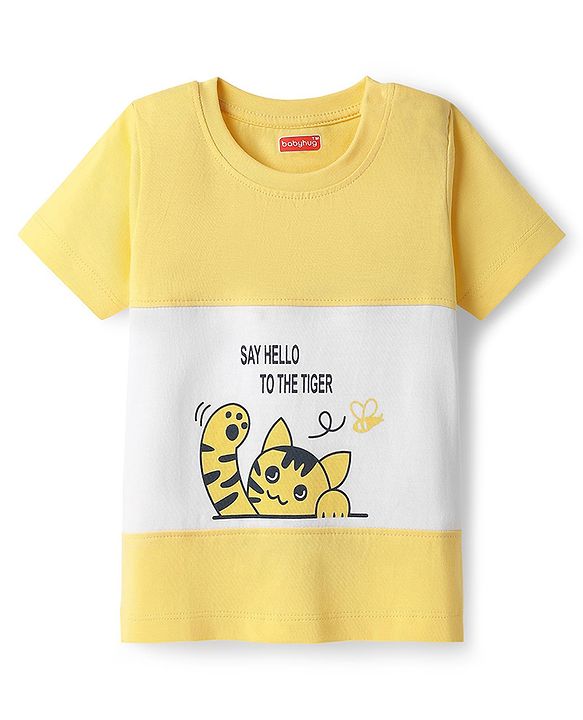 Babyhug Single Jersey Knit Half Sleeves T-Shirt & Shorts Set With Cat Print & Cut & Sew Design - Yellow & Blue