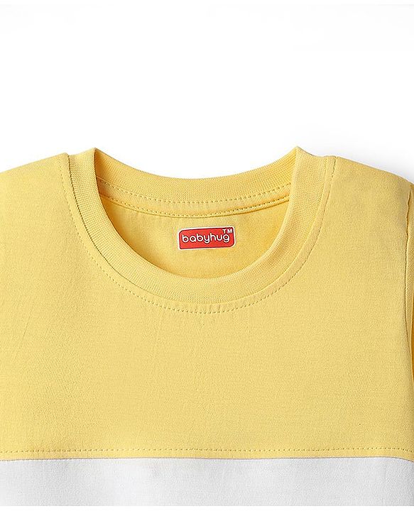 Babyhug Single Jersey Knit Half Sleeves T-Shirt & Shorts Set With Cat Print & Cut & Sew Design - Yellow & Blue