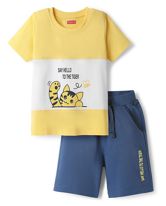 Babyhug Single Jersey Knit Half Sleeves T-Shirt & Shorts Set With Cat Print & Cut & Sew Design - Yellow & Blue