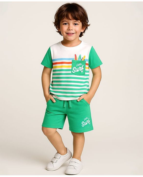 Babyhug Single Jersey Knit Half Sleeves T-Shirt & Shorts Set with Text Print & Stripes - Mint & White