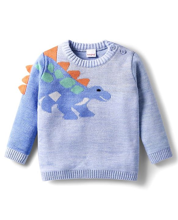 Babyhug Knit Full Full Sleeves Pullover Sweater with Dino Design & Applique - Blue