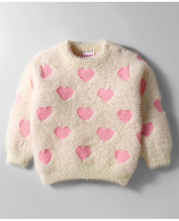 Babyhug Knit Full Sleeves Pullover Sweater with Heart Design - Pink