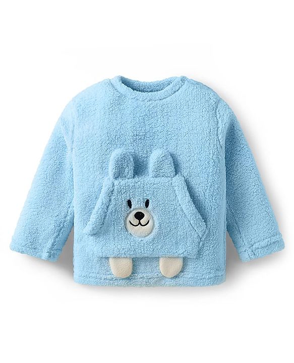 Babyhug Sherpa Fur Knit Full Sleeves Winter Wear Co-ord Set With Applique - Light Blue