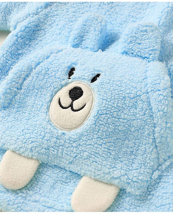 Babyhug Sherpa Fur Knit Full Sleeves Winter Wear Co-ord Set With Applique - Light Blue