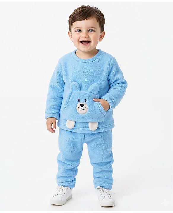 Babyhug Sherpa Fur Knit Full Sleeves Winter Wear Co-ord Set With Applique - Light Blue