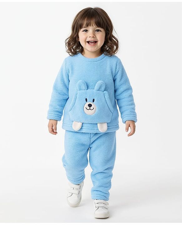 Babyhug Sherpa Fur Knit Full Sleeves Winter Wear Co-ord Set With Applique - Light Blue
