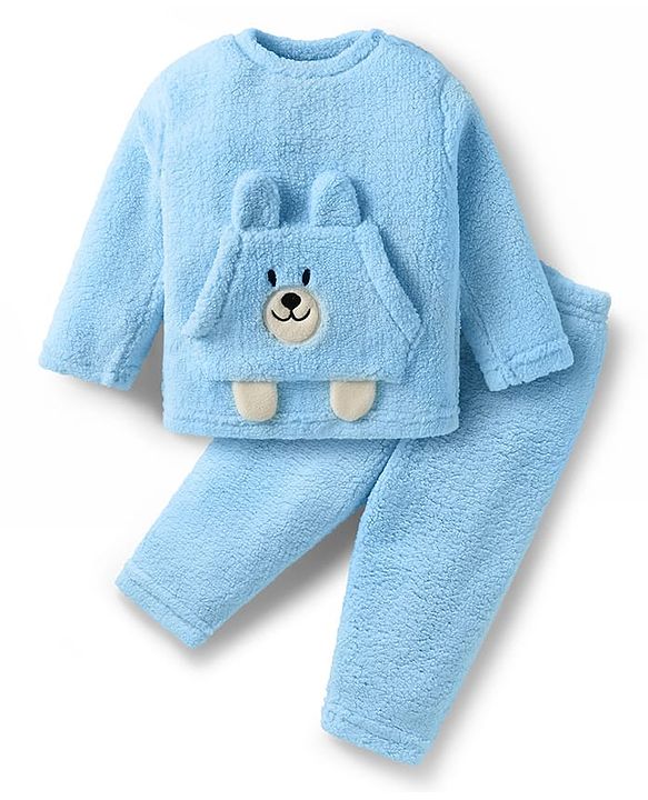 Babyhug Sherpa Fur Knit Full Sleeves Winter Wear Co-ord Set With Applique - Light Blue
